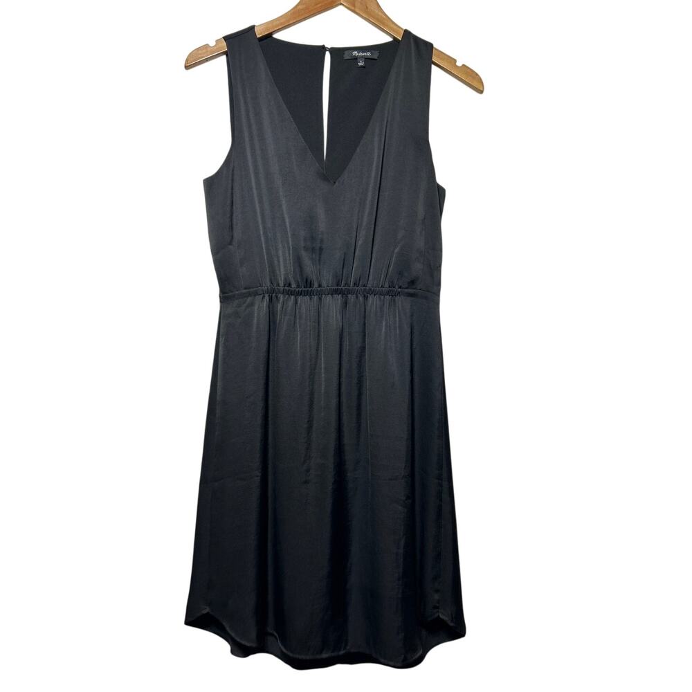 Madewell Satin Dress 0 Black Sheath Sleeveless Knee Length LBD Slip - Picture 1 of 12